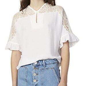 Sandro White Lace-Inset Keyhole Blouse Size S/M